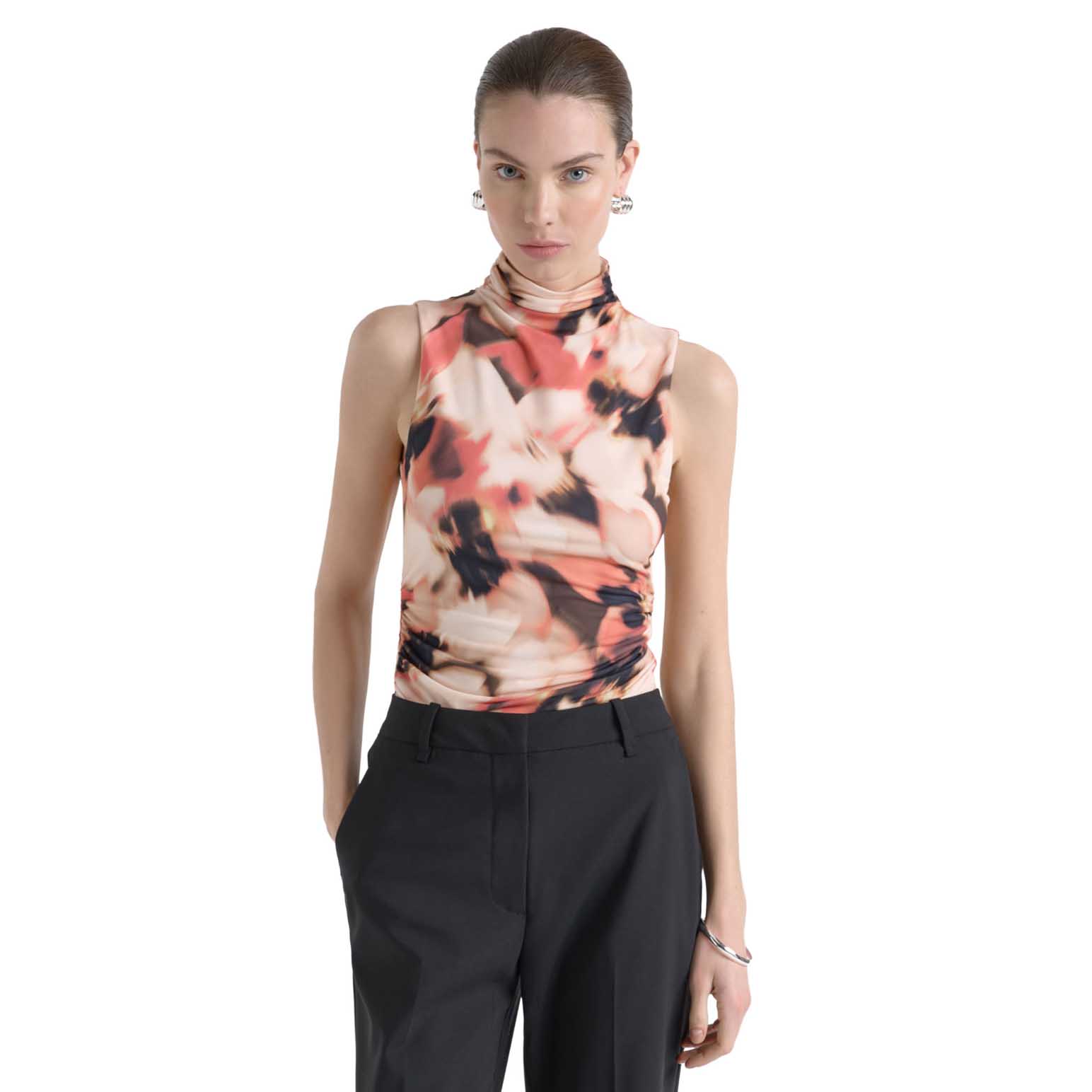 Cue Romantic Floral Ruched Mesh Top